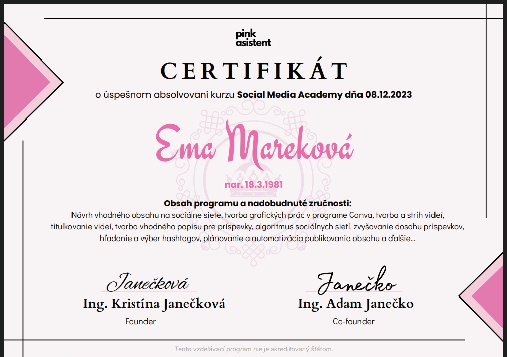 Certifikát smm Ema Mareková
